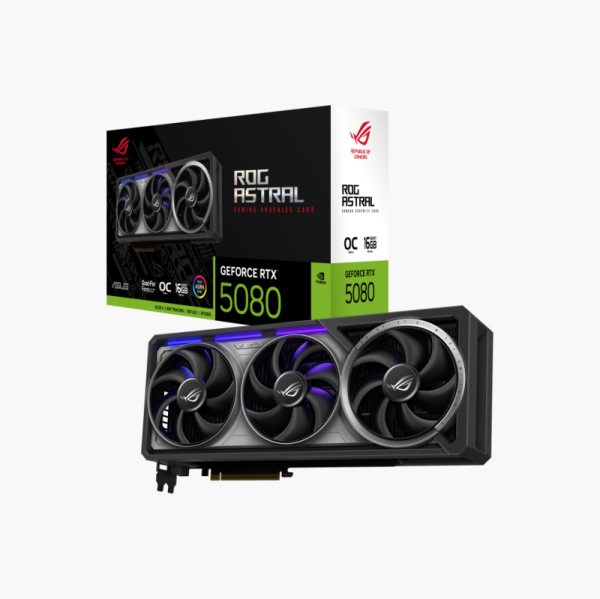 ASUS ROG Astral GeForce RTX 5080 OC retail box and graphics card