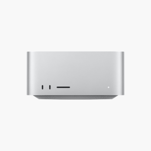 Apple Mac Studio silver enclosure front view with USB-C ports and SDXC card slot