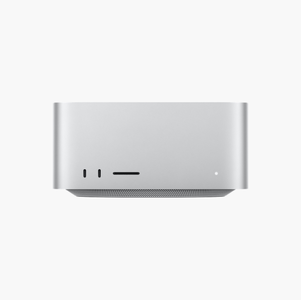 Apple Mac Studio silver enclosure front view with USB-C ports and SDXC card slot